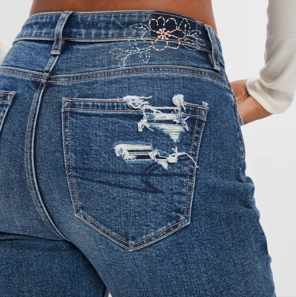 American Eagle Strigid Mom Jeans Ripped Embroidered